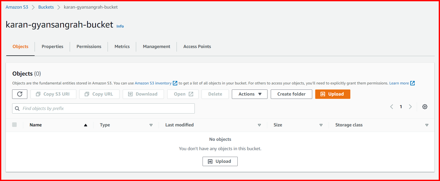 Picture showing the Objects tab of the S3 Bucket detail screen